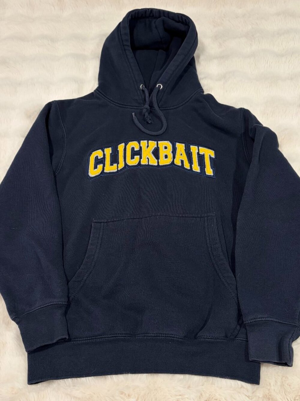 David Dobrik Clickbait hoodie, navy with yellow collegiate style lettering, S